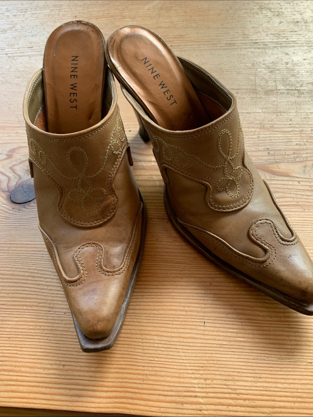 Nine West Tan Leather Western-Style Mules